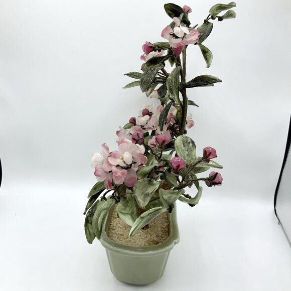 Pink Cherry Blossom Jade? Glass Bonsai Tree Vintage In Pot 15” Wide x 14" Tall - Picture 11 of 16